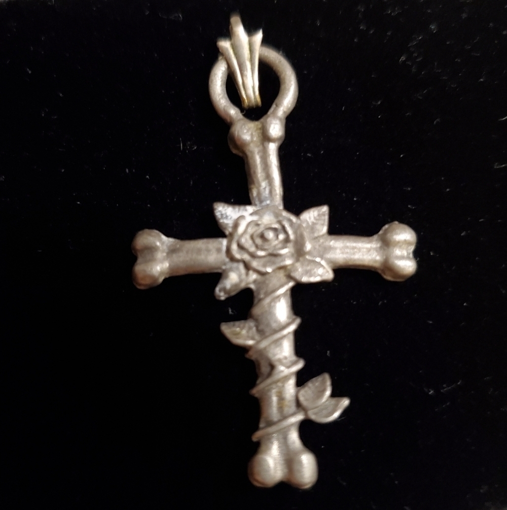 Vintage Pewter Bone Cross with Rose Pendant